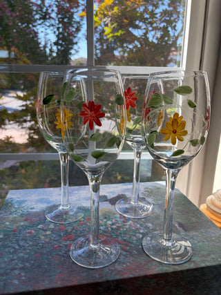 Hand-Painted Floral Wine Glasses Set 4 RSV