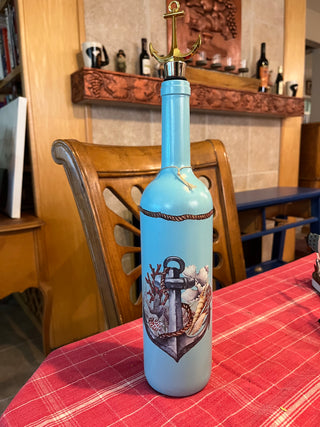 Blue Nautical Wine Bottle Decor w/Anchor Wine Stopper