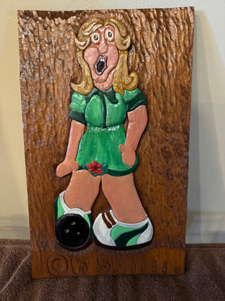 Wood Hand Carved Painted Female Bowler on Wood Panel