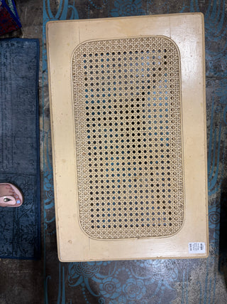 87 Vintage Accent Side Table Woven Cane Top Yellow