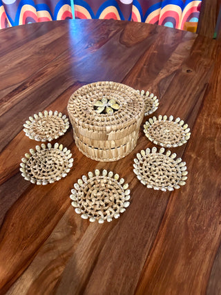 Vtg Woven Straw and Cowrie Coaster Set with Lidded Storage Basket