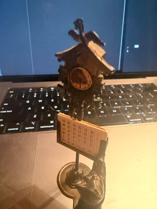 Rare 1950's Desk Metal cuckoo clock and kitty Calendar paperweight Antique decoration