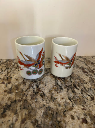 Vintage Japanese Teacups with Flying Cranes, Set of 2