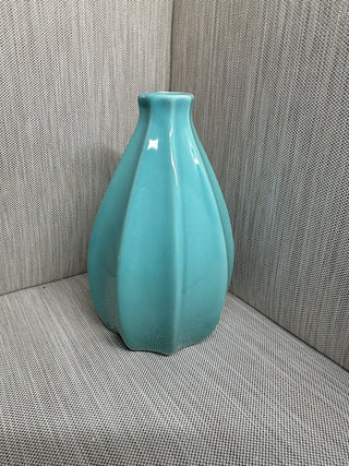 Turquoise Fluted Ceramic Vase – Glossy Teal Gourd Shape