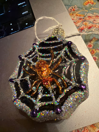 Old World Halloween Ornament "Glittered Spider Web w/ Spider Glass VV