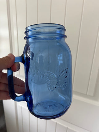 Blue glass handled mason jar
