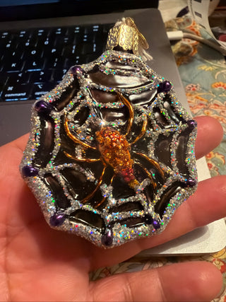 Old World Halloween Ornament "Glittered Spider Web w/ Spider Glass VV