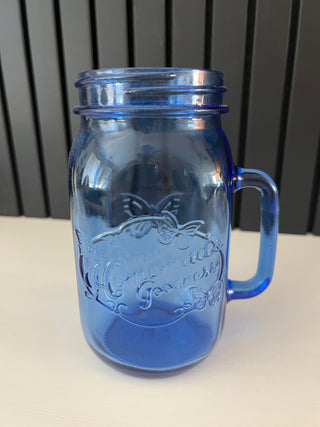 Blue glass handled mason jar