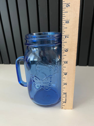 Blue glass handled mason jar