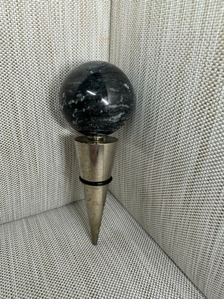 Black Marble Sphere Wine Bottle Stopper with Heavy Metal Cone Seal, 4.5"