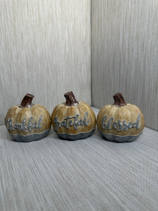 Rustic Resin Mini Pumpkins Table Decor Set - Thankful Grateful Blessed, 3-Pc