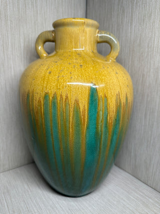 Large Two-Handled Ceramic Drip Glaze Floor Vase with Crackle Finish