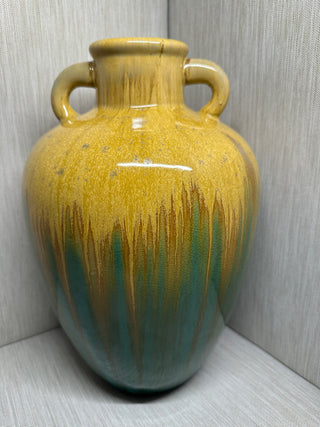 Large Two-Handled Ceramic Drip Glaze Floor Vase with Crackle Finish