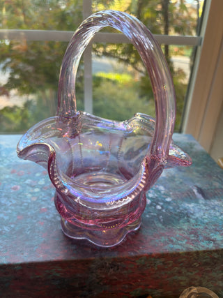 Vintage Fenton Iridescent Pink Glass Basket
