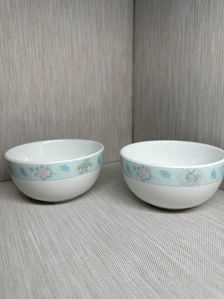 Vintage Royal Silver China Korea Blue Lattice Floral Crane Bowls - Pair of 2