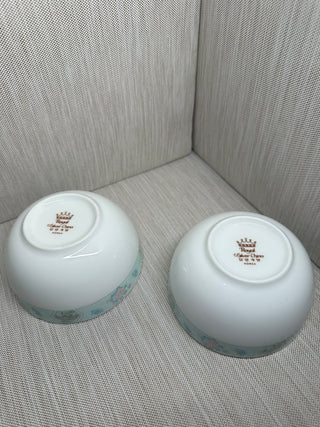 Vintage Royal Silver China Korea Blue Lattice Floral Crane Bowls - Pair of 2