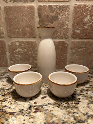 Sake 5 Piece Set, Cream with Brown Trim