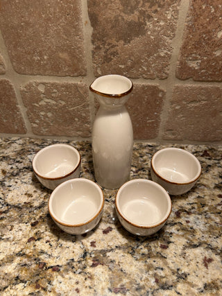 Sake 5 Piece Set, Cream with Brown Trim