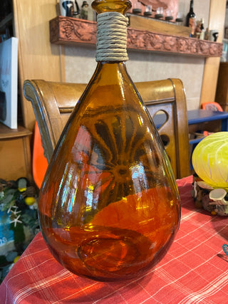 Large Amber Glass Vase W/Rope Neck and Florals