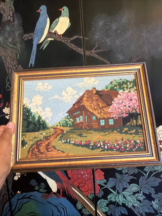 Beautiful needle point country cottage flowering Trees  approx. 11' X 14" frame VV