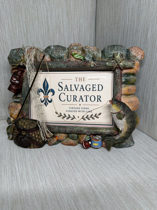 Rustic 3D Fishing Picture Frame Resin Log Faux Stone Bass Cabin Decor