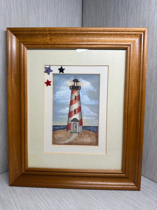 2000 Nautical Lighthouse 8x10 Framed Art with Star Accents, 11" x 13" Wood Frame