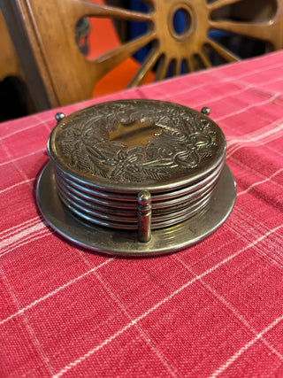 6 Silver Plated Embossed Coasters in Holder