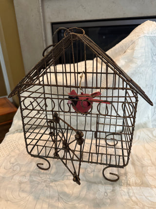 Vtg Wire Bird Cage Home Decor w/ Artificial Red Bird