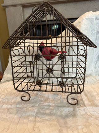 Vtg Wire Bird Cage Home Decor w/ Artificial Red Bird