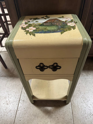 Vtg Table w/ Small Drawer Hand-Painted Scene