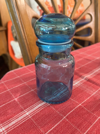 VTG Belgium Blue Glass Apothecary Jar Bubble Top  Lid