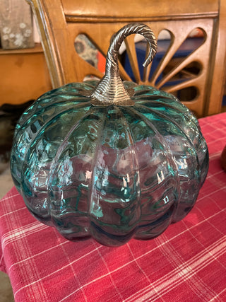 Large Teal/Blue Blown Glass Pumpkin