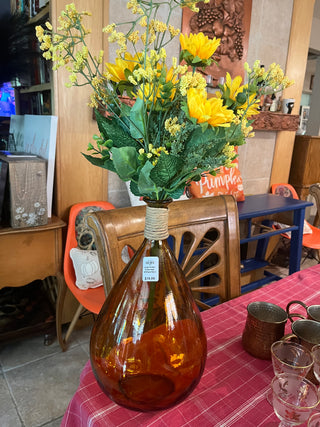 Large Amber Glass Vase W/Rope Neck and Florals