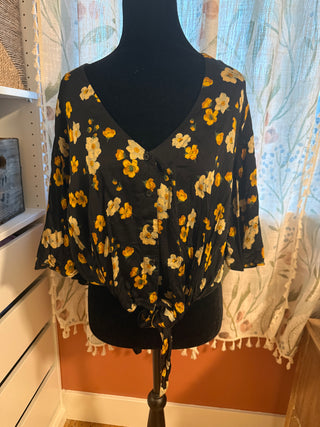 Urban Outfitters Crop Black Floral Blouse