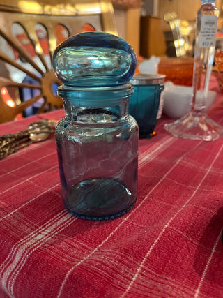 VTG Belgium Blue Glass Apothecary Jar Bubble Top  Lid