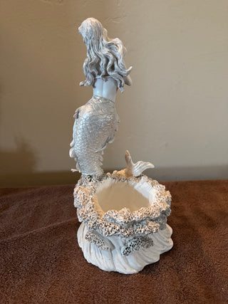 Mermaid Figurine White Resin Planter