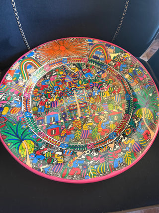 Vintage Terra Cotta Hand Painted Latin America / Mexican  Wall Hanging Plate Approx. 16"
