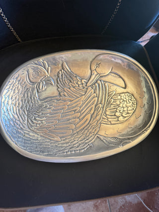Vintage 1978 Rooster & Duck Aluminum Serving Platter approx. 15.5"