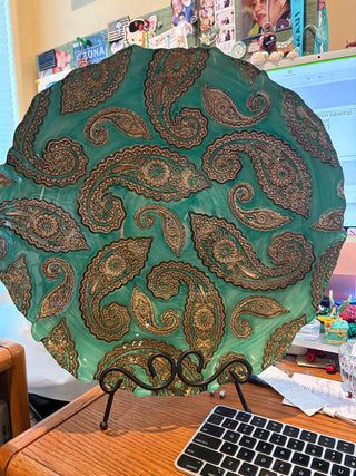 Decorative Glass Plate - teal green, gold paisley patterns