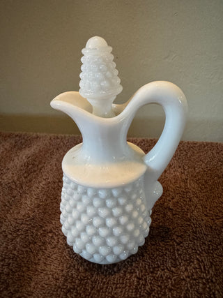 Vtg Fenton Milk Glass Hobnail Cruet w/ Topper