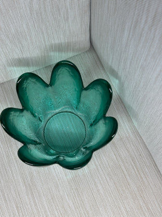 Green Lotus 8 Petal Bowl Flashed Glass MCM Scalloped Flaws 5.5"