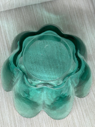 Green Lotus 8 Petal Bowl Flashed Glass MCM Scalloped Flaws 5.5"
