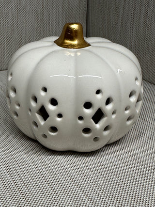 Cracker Barrel White Ceramic LED Pumpkin Gold Stem Diamond Cutout Untested