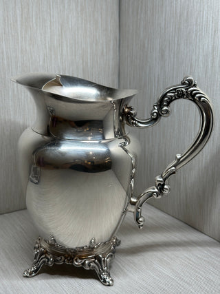 Oneida Silverplate Footed Water Pitcher Ornate Scroll Handle Ice Lip Guard