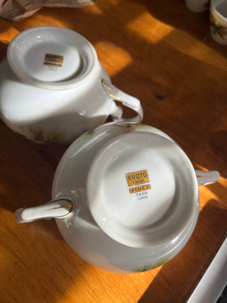 Set of 2 VTG Kyoto Japan "Pines" Fine China Sugar Bowl (No Lid) and Creamer