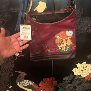 New Chala Maroon Mushroom Sweet Messenger Crossbody Tote Purse Faux Leather VV