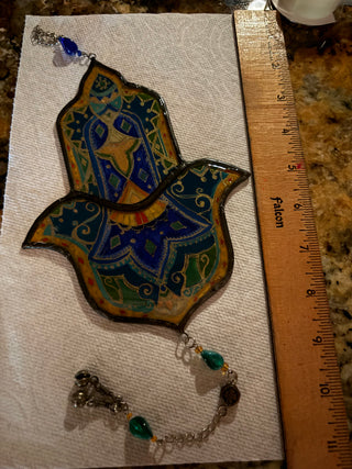 Unique artisan, hand-painted glass Hamsa