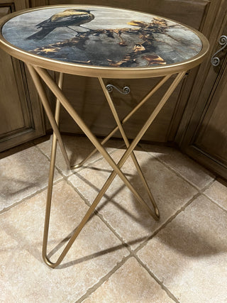 Custom Designed Glass Top Gold Bird Side Table