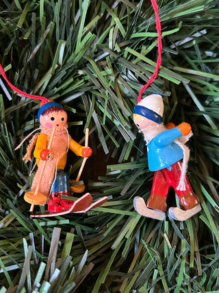 Wooden Skier and Ice Skater Ornaments, Pack of 2