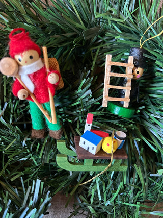 Wooden Elves and Sleigh Ornaments, Set of 3